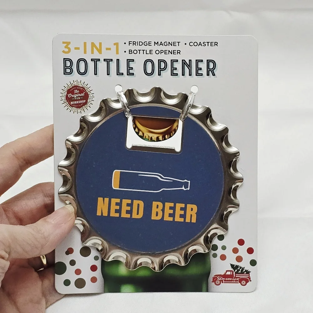 3-in-1 Bottle Opener Fridge Magnet Coaster NEED BEER Man Cave Beer Cap Shape NEW